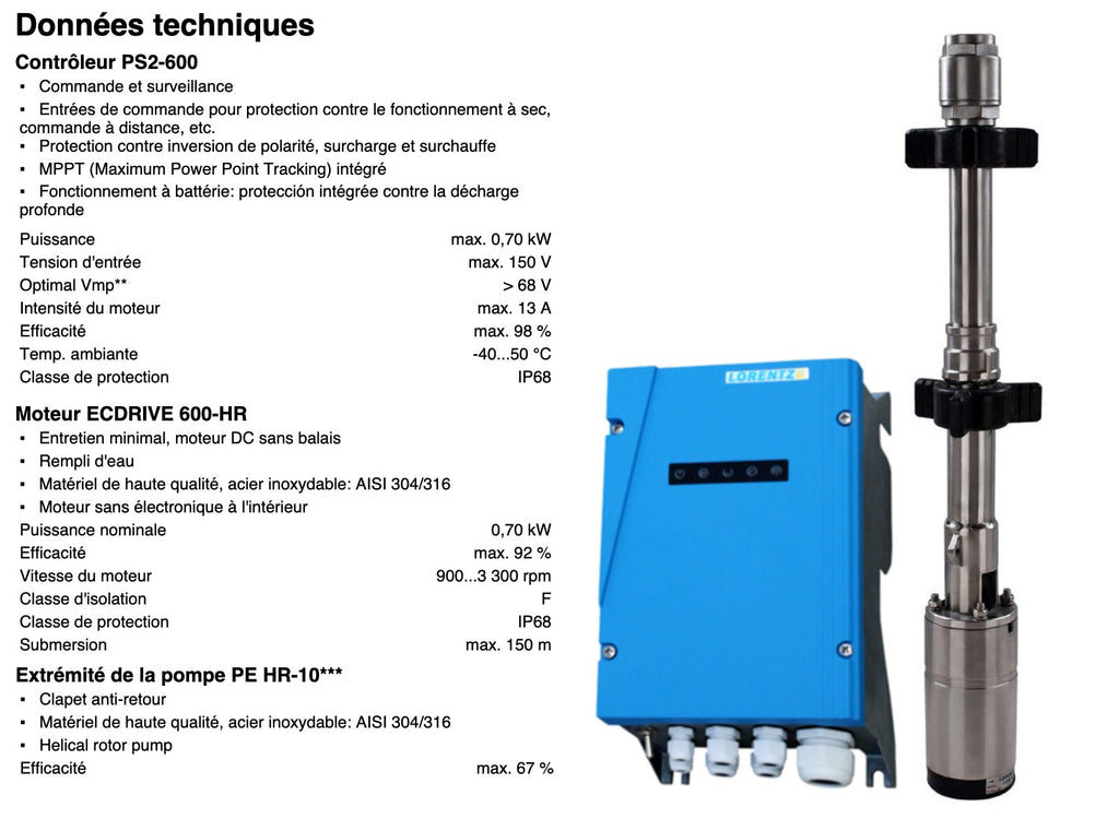 Pompe immergée LORENTZ PS2-600 (15 à 180m - 0,44 à 12m³/h) - NRJSOLAIRE